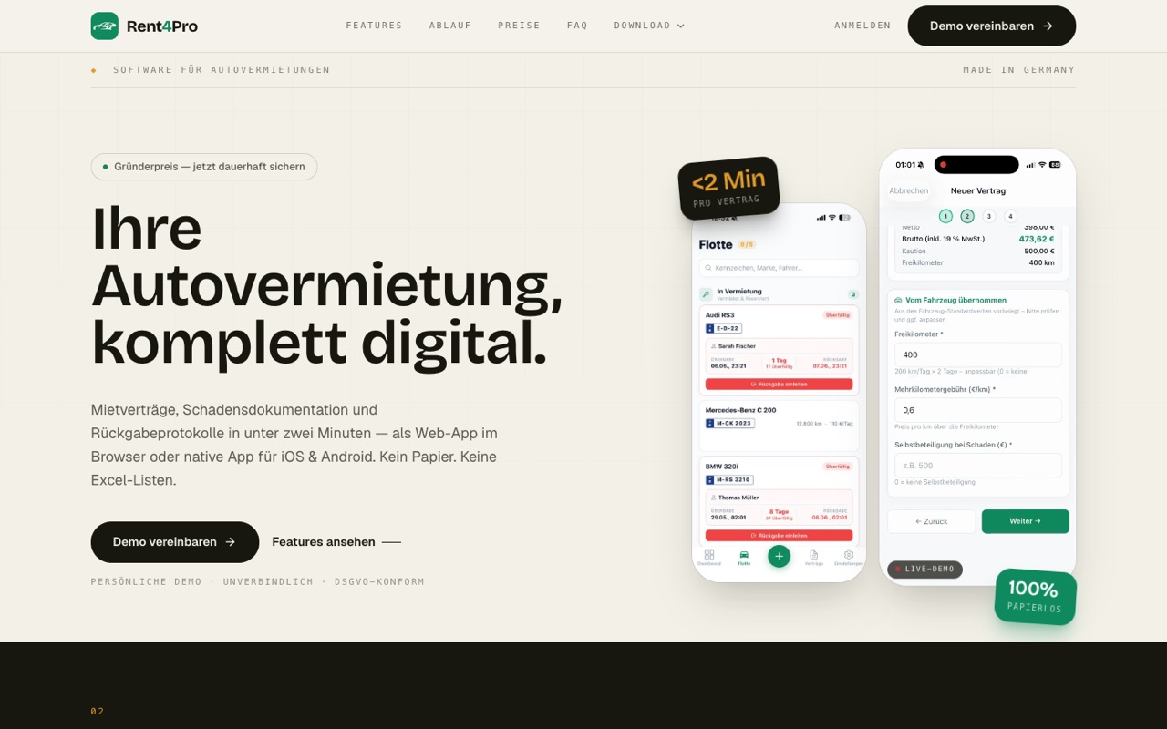 Rent4Pro – digitale Fuhrparkverwaltung, Startseite der Web-App
